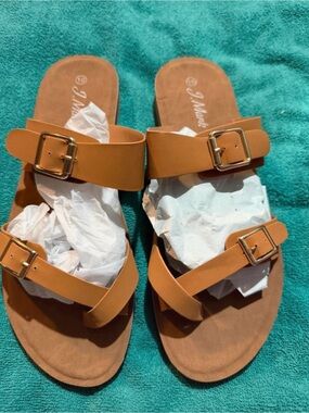 Tan Buckle Slide Sandals for Women by